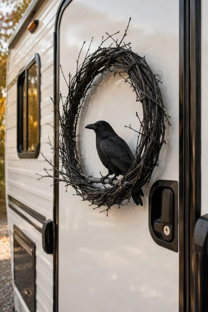 Miniature black raven perched on a twig wreath fitted with protective bumpers on an RV door