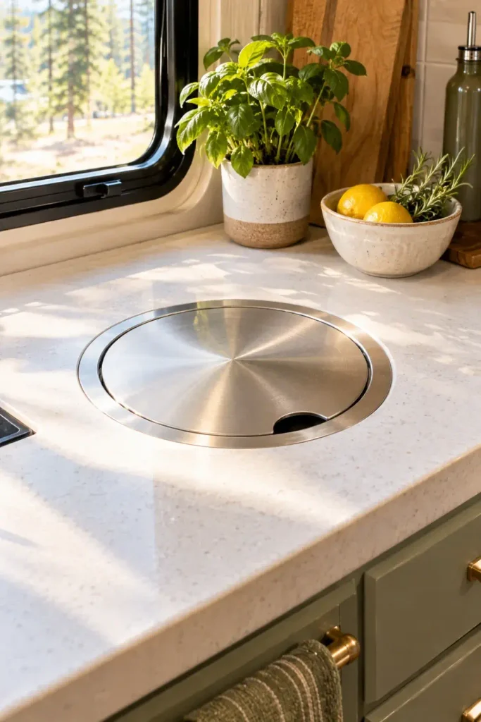 Stainless steel recessed countertop trash chute with a flush lid installed in an RV kitchen.