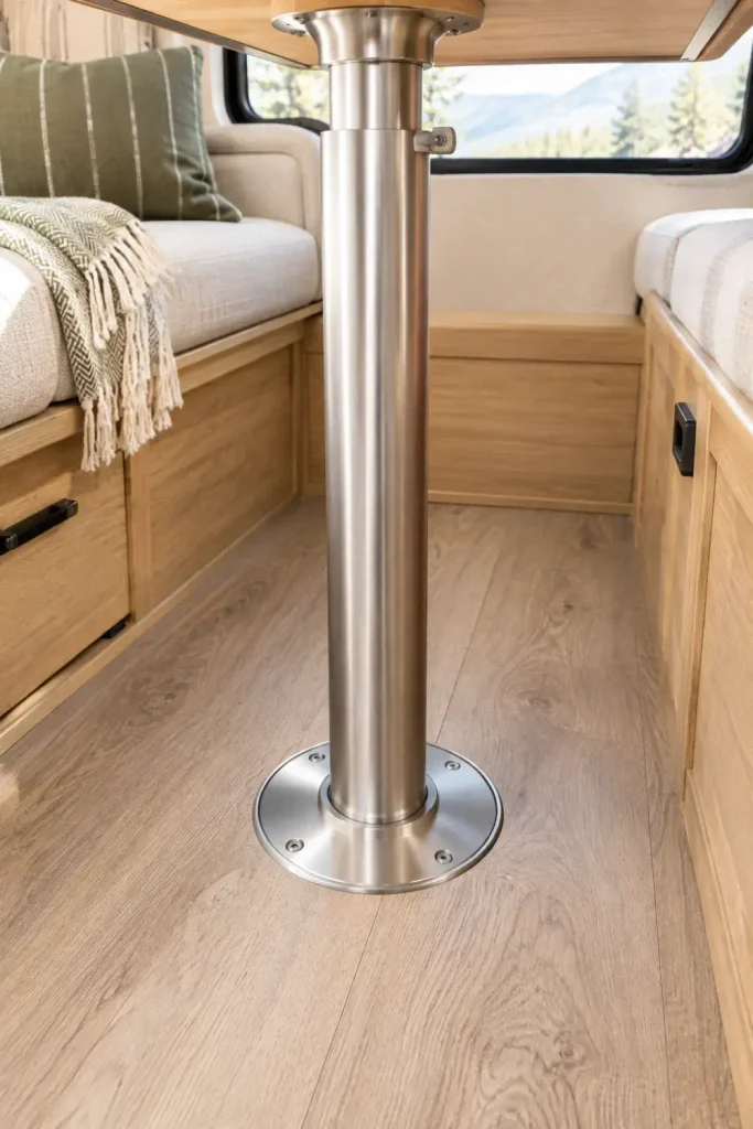Brushed metal recessed flush floor base supporting an RV dinette table pole without trip hazards.
