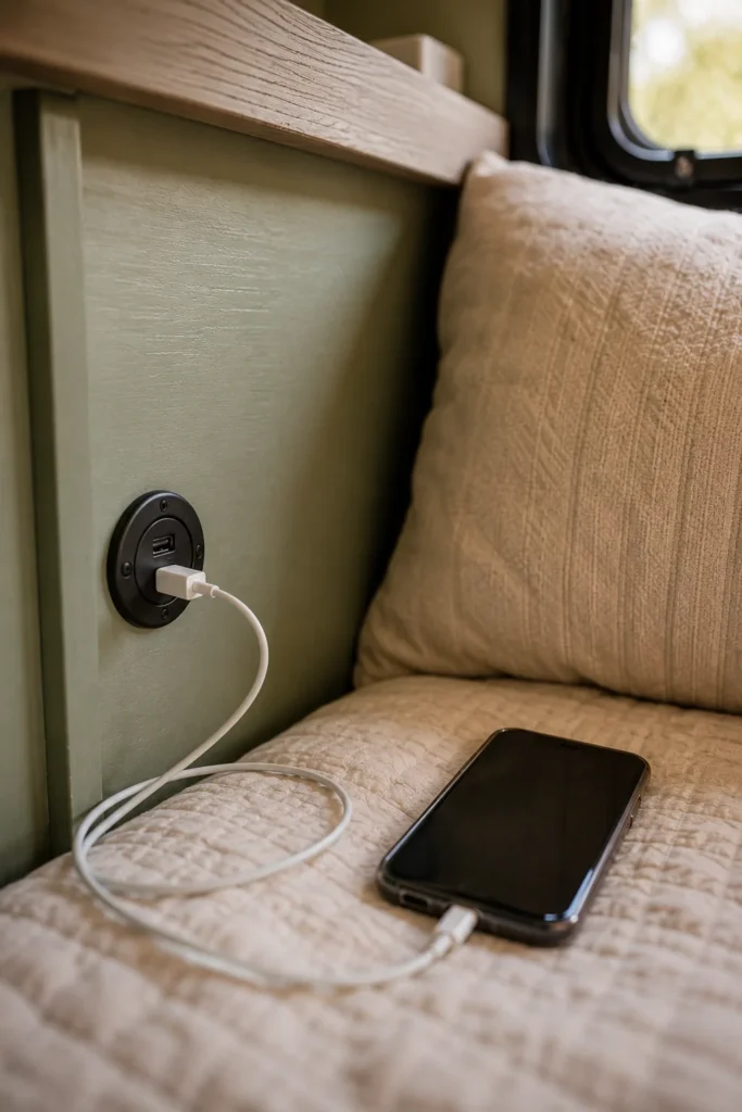 Flush mounted 12V dual USB charger port installed directly into a sage green wooden camper bed frame.