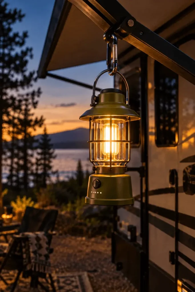 Hanging rechargeable amber LED lantern casting a warm glow from an RV awning arm.
