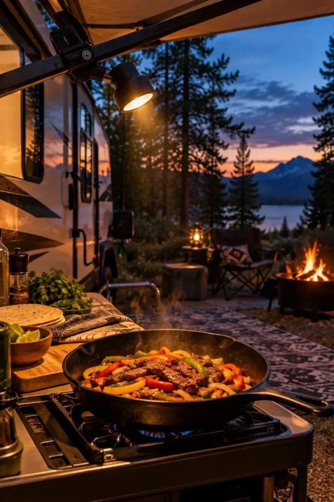 Rechargeable warm-LED clamp light attached to an RV awning arm illuminating an outdoor cooking pan at night.