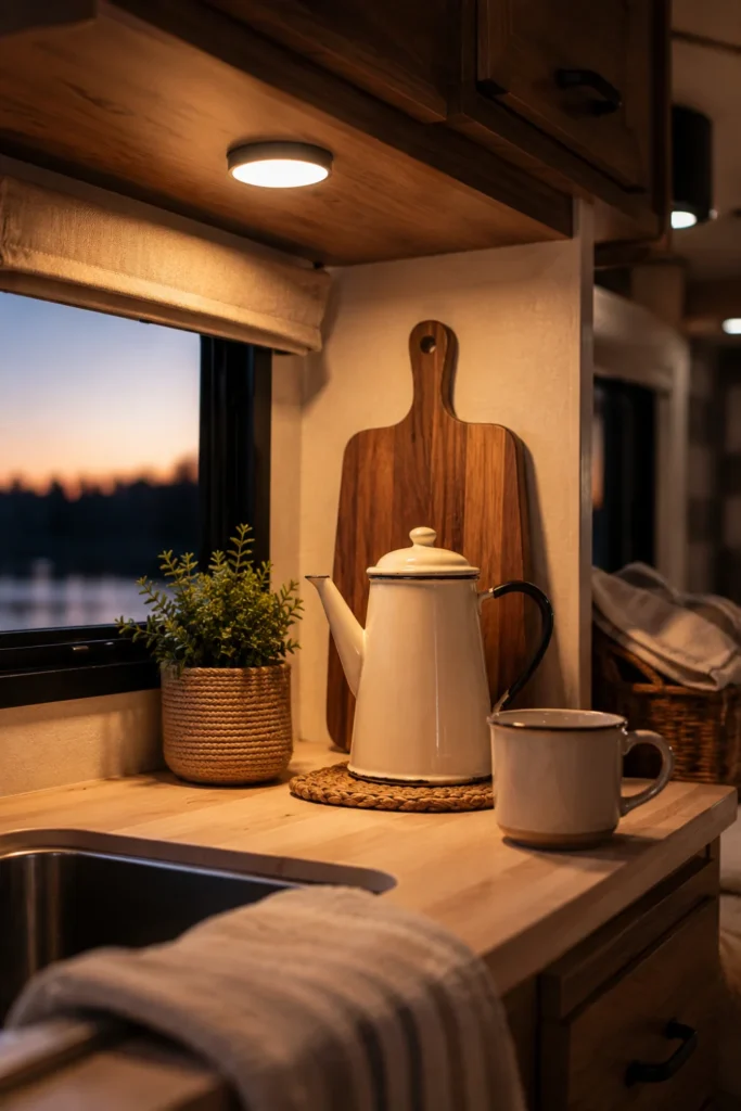Warm glowing magnetic USB-rechargeable puck light attached underneath an RV wooden cabinet illuminating the kitchen counter.