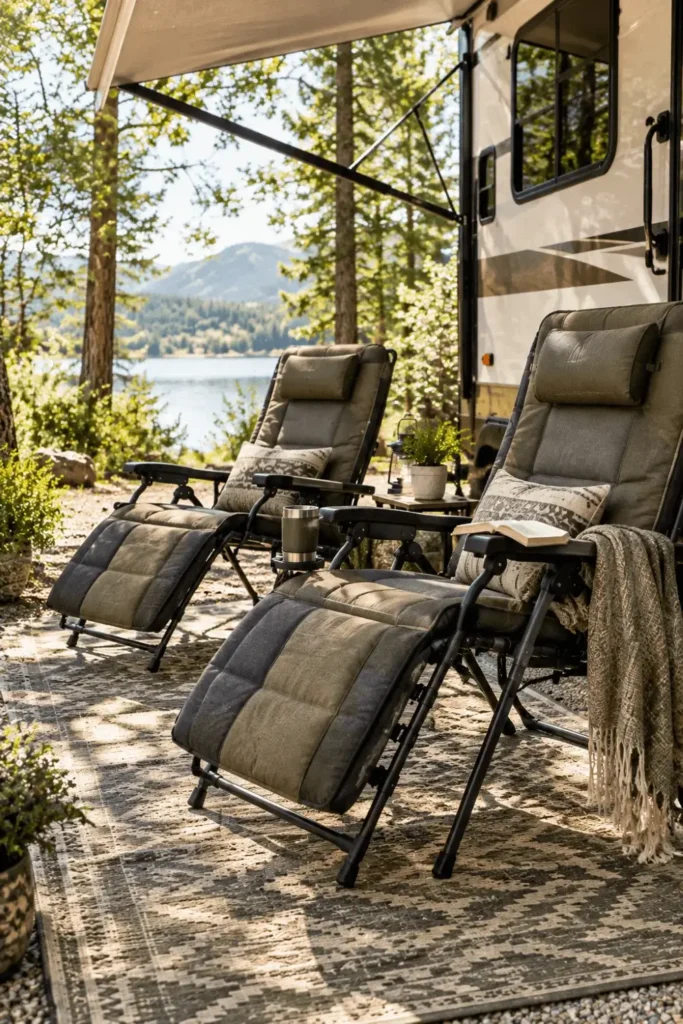 Pair of padded reclining camp chairs with footrests set up under an RV awning.