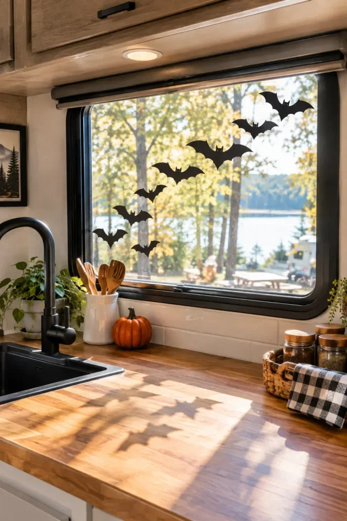 Matte black vinyl bat decals arranged across a camper galley window with natural sunlight streaming through.