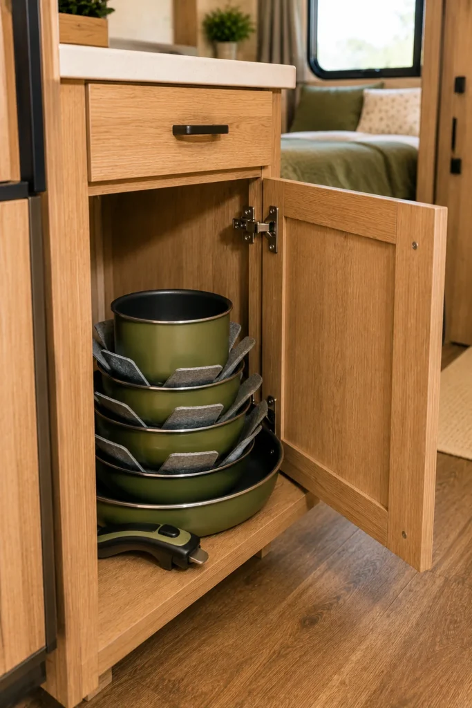 Stackable pots and pans with a removable handle nested inside a compact RV lower cabinet