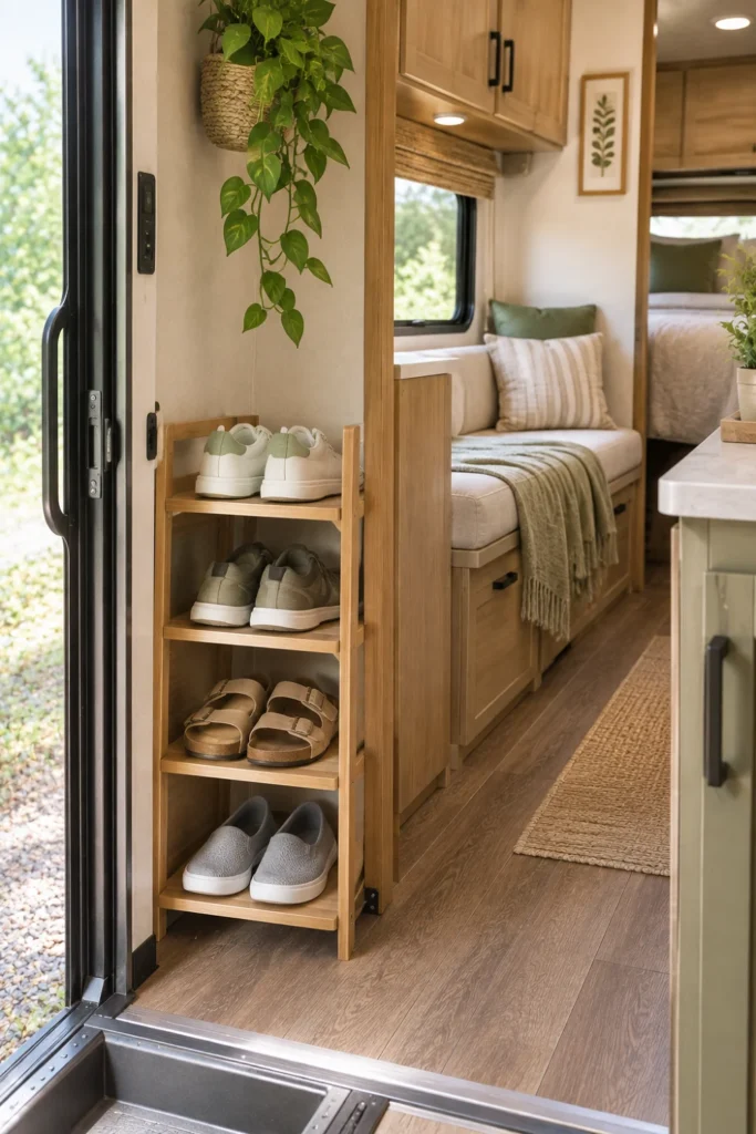 Removable compact shoe rack beside an RV entry step