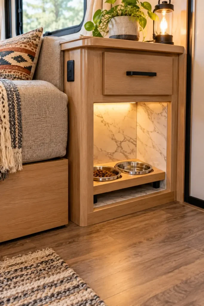 Open lower shelf of a camper end table transformed into a dedicated dog feeding station.