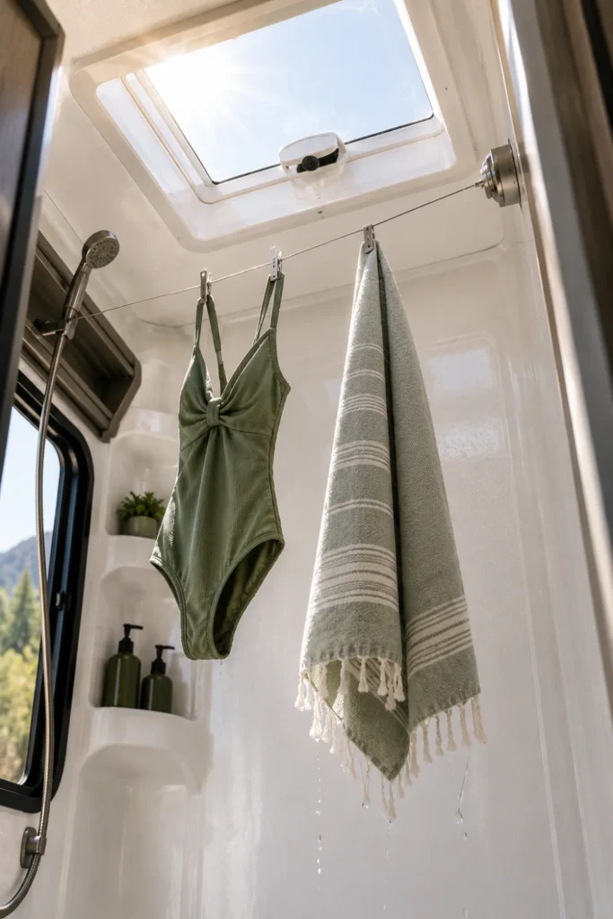 Retractable clothesline stretched across an RV shower stall drying swimwear under the skylight.