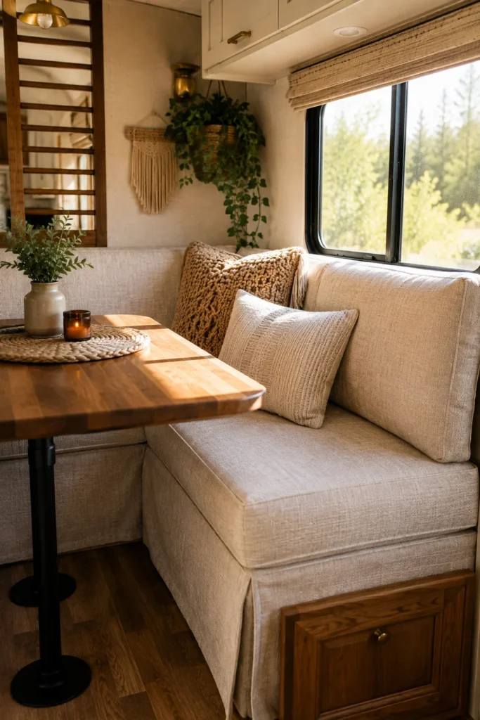 Camper dinette booth cushions reupholstered in textured neutral linen with decorative throw pillows and a wood table.
