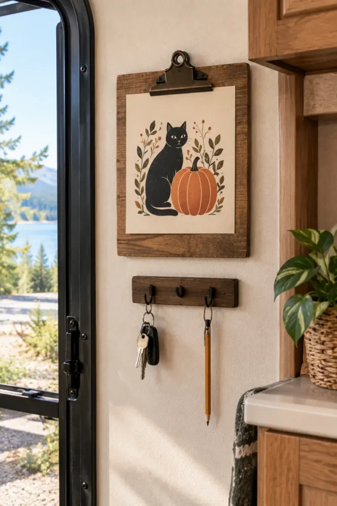 Wooden clipboard displaying an autumn Halloween cardstock print mounted flat on a camper interior wall.