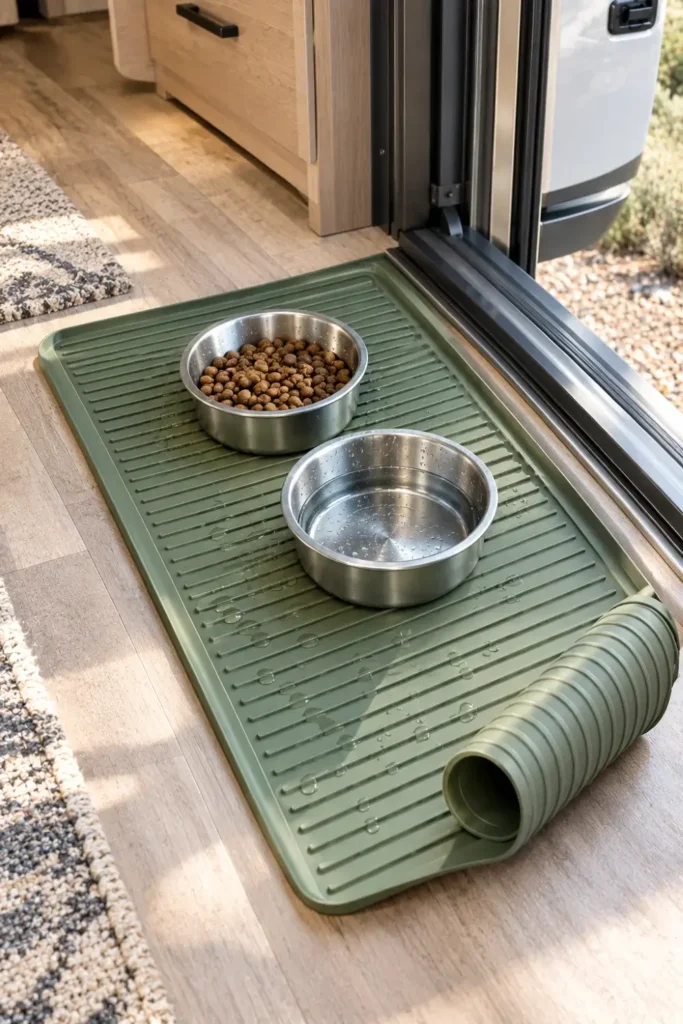 Ribbed silicone waterproof pet mat protecting RV slide-out flooring from dog bowl spills.