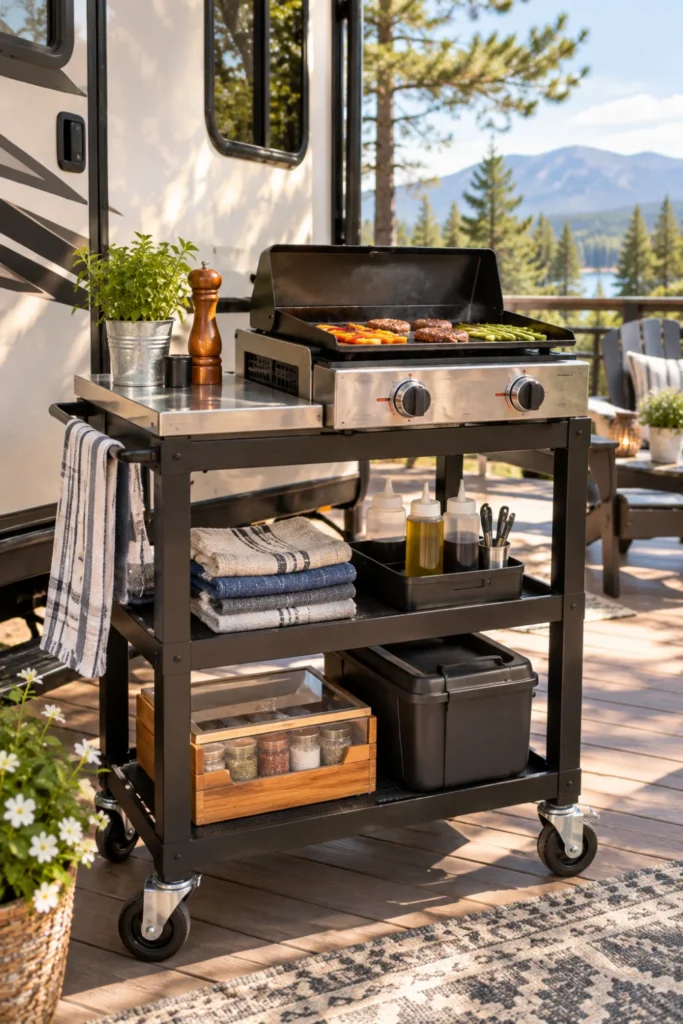 Stainless steel utility rolling cart equipped with outdoor cooking tools next to a camping griddle.
