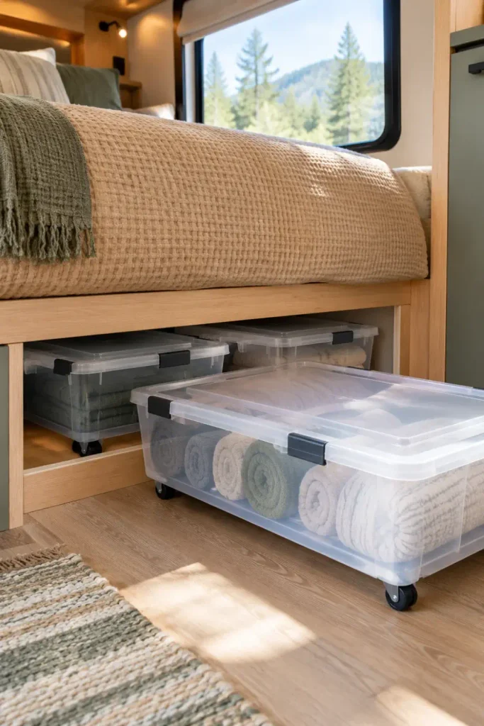 Low-profile clear plastic rolling storage bin with caster wheels resting under an RV bed platform