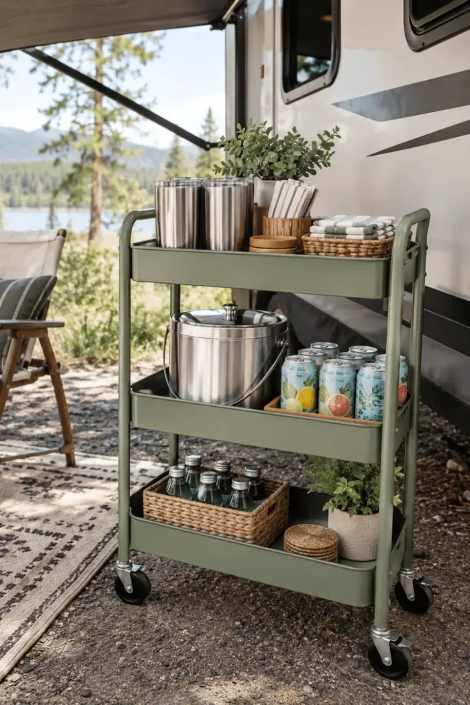 Three-tier rolling utility cart organized with drinkware and snacks on an RV patio.