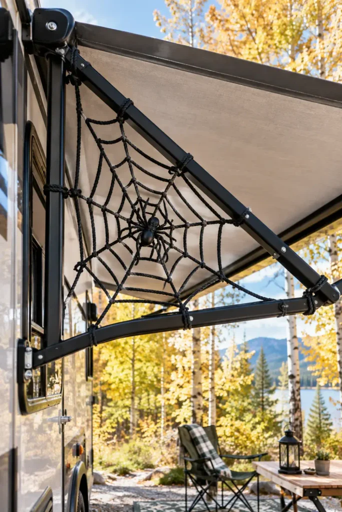 Braided black rope spiderweb fastened to an RV awning support arm with rubber twist ties at an autumn campsite.