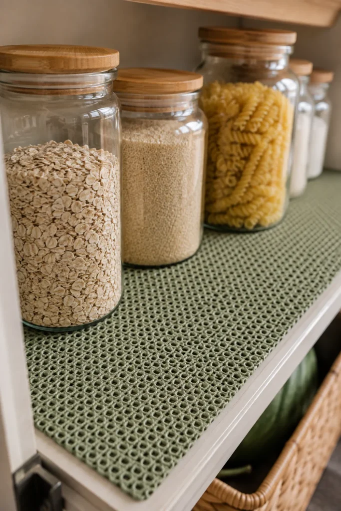 High-grip waffle-weave rubber mesh lining a pantry shelf beneath stacked glass jars.