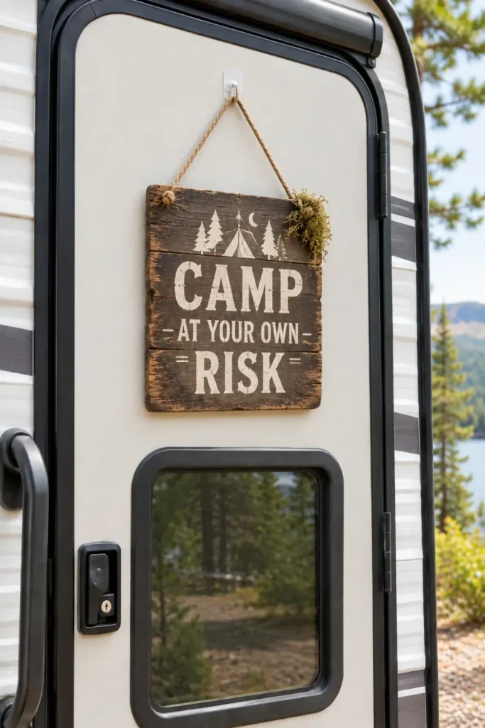Lightweight rustic wooden sign hanging flat on a camper door with natural jute twine