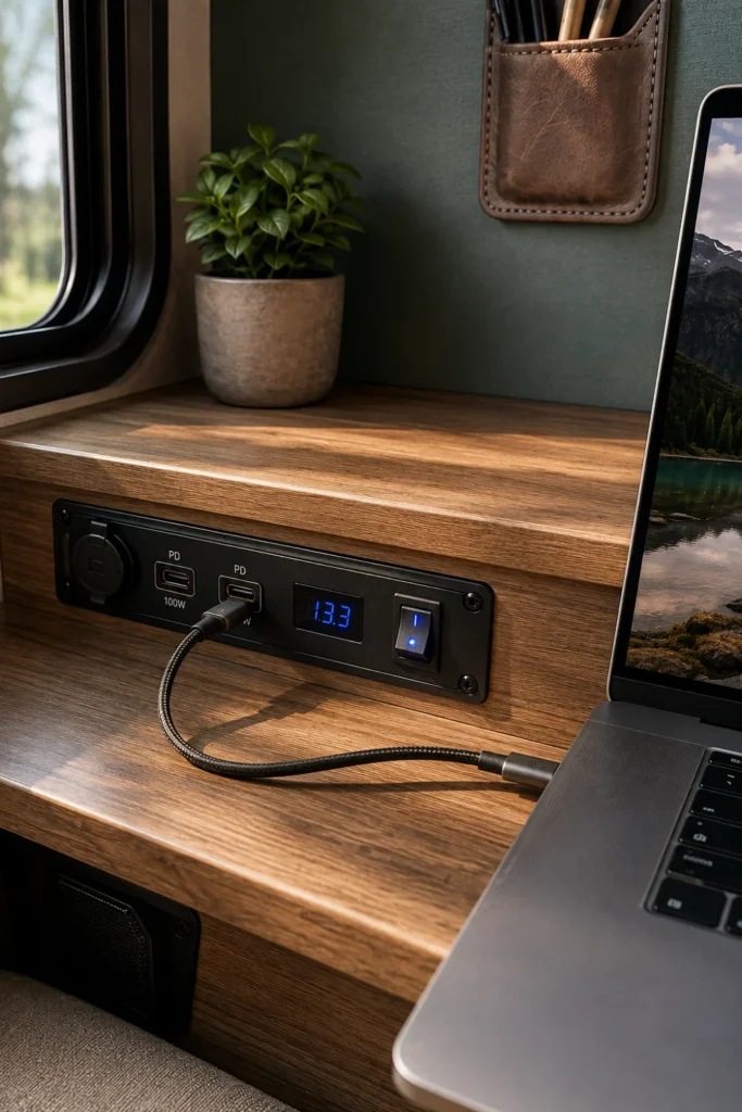 Direct 12-volt DC USB-C power panel and voltage display installed in a camper desk for off-grid remote work.