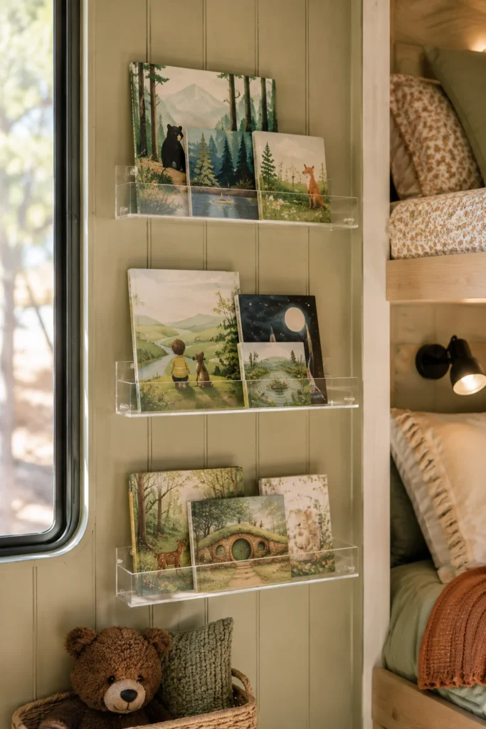 Clear acrylic floating book ledges on a green RV wall holding colorful children's picture books.