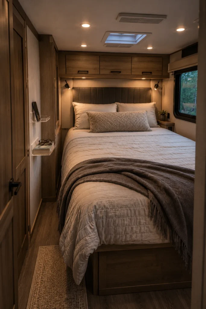Slim clear acrylic wall ledges used as floating nightstands in an RV bedroom.
