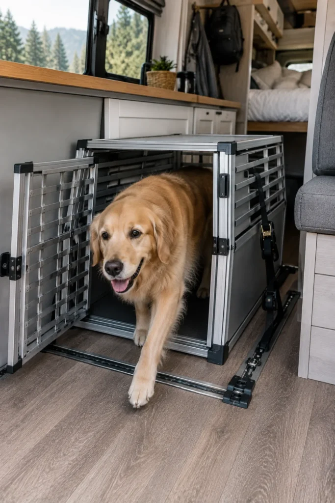 Heavy-duty collapsible aluminum dog crate secured to the camper subfloor with heavy-duty L-track tie-down rails.