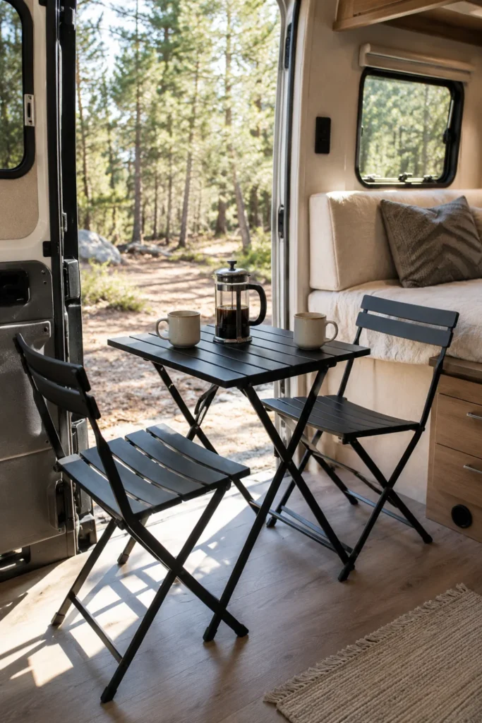 Lightweight matte black aluminum bistro table and folding chairs inside a camper van by an open doorway.
