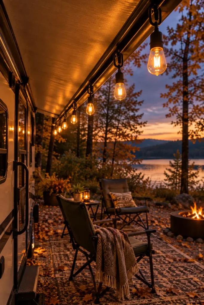 Amber Edison LED string lights suspended from plastic awning track sliders along a camper canopy at twilight.