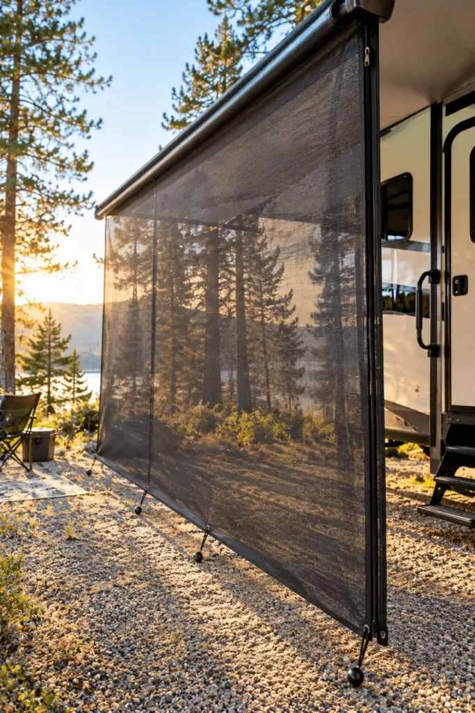 Mesh sun shade screen attached to an RV awning to block afternoon sun glare.