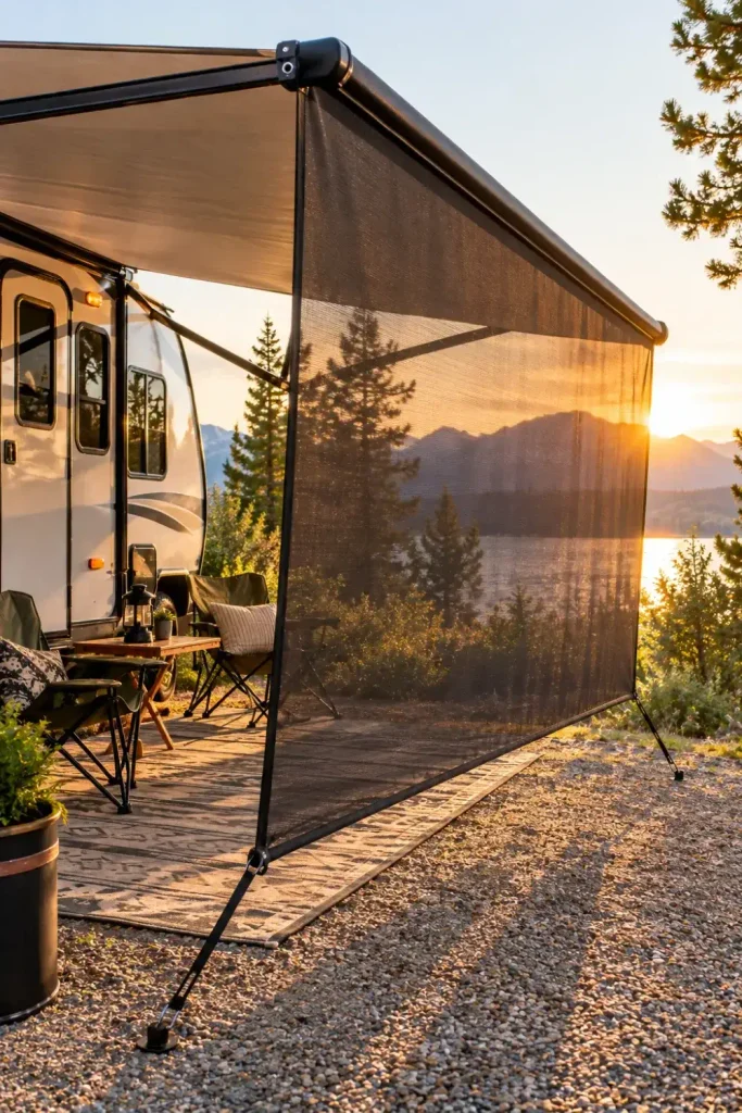 Zippered mesh drop shade attached to an RV awning roller providing sun protection on a gravel campsite.