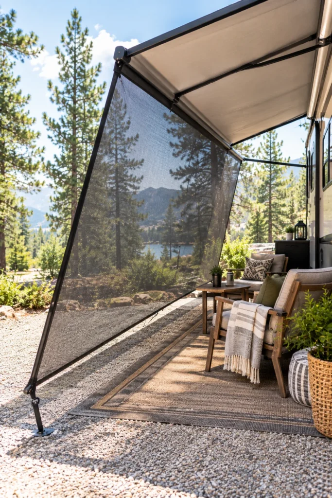 Drop-down mesh sun shade attached to an RV awning casting shade over a patio seating area.
