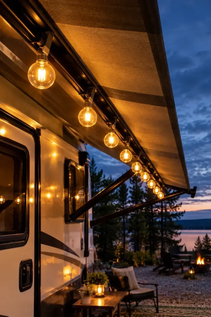 Warm LED globe string lights suspended from an RV awning roller tube at twilight.
