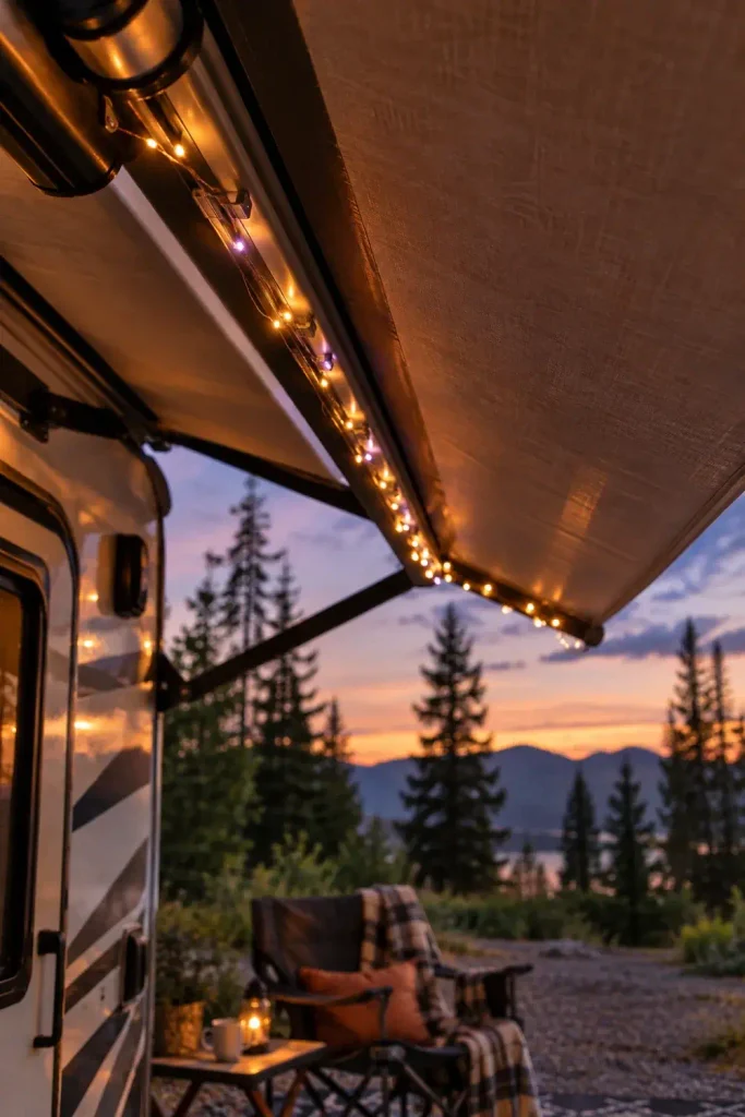 Amber and purple micro fairy lights clipped along an RV awning track glowing at campsite twilight.