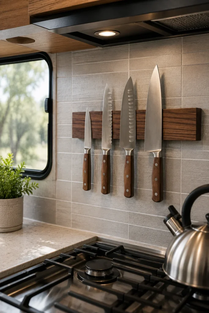 Walnut magnetic knife strip mounted securely on an RV kitchen backsplash holding chef knives safely off the counter.
