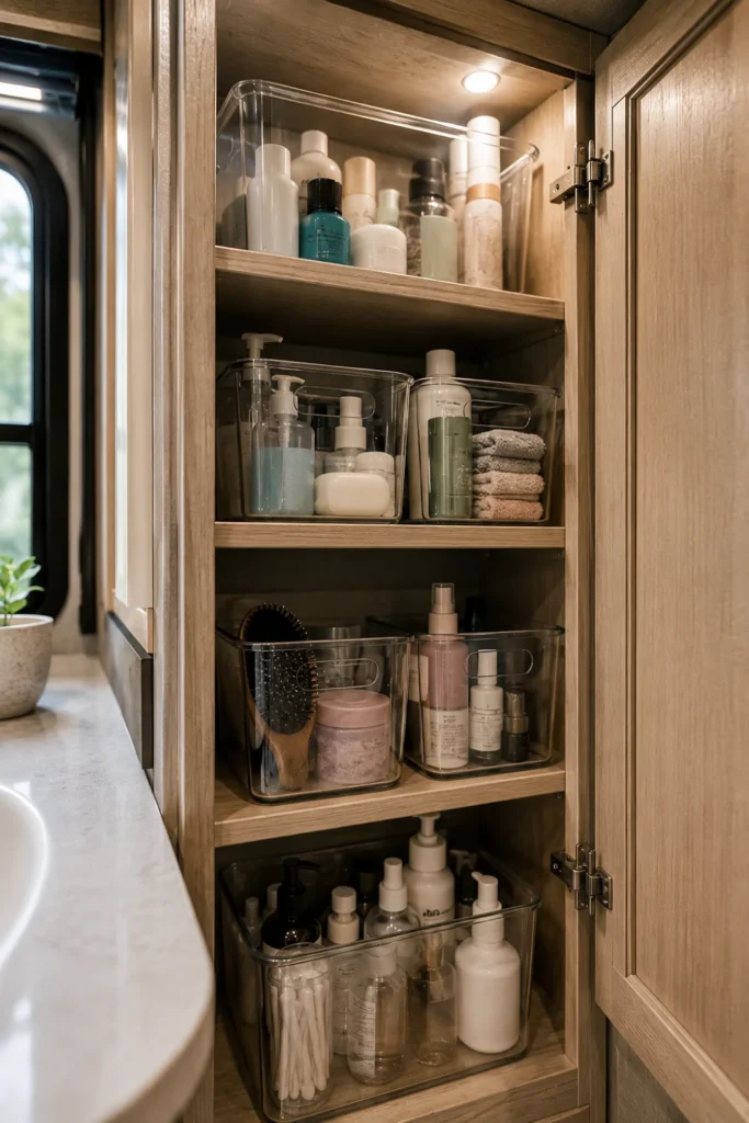 Deep RV bathroom cabinet organized with clear bins for toiletries and personal care supplies