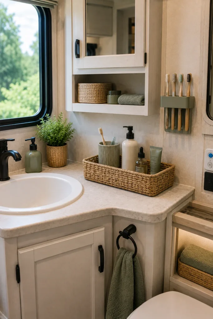 Simple daily reset station keeping toiletries organized on an RV bathroom counter