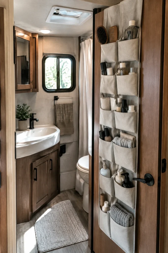 RV bathroom door with a slim hanging organizer holding toiletries and personal care items