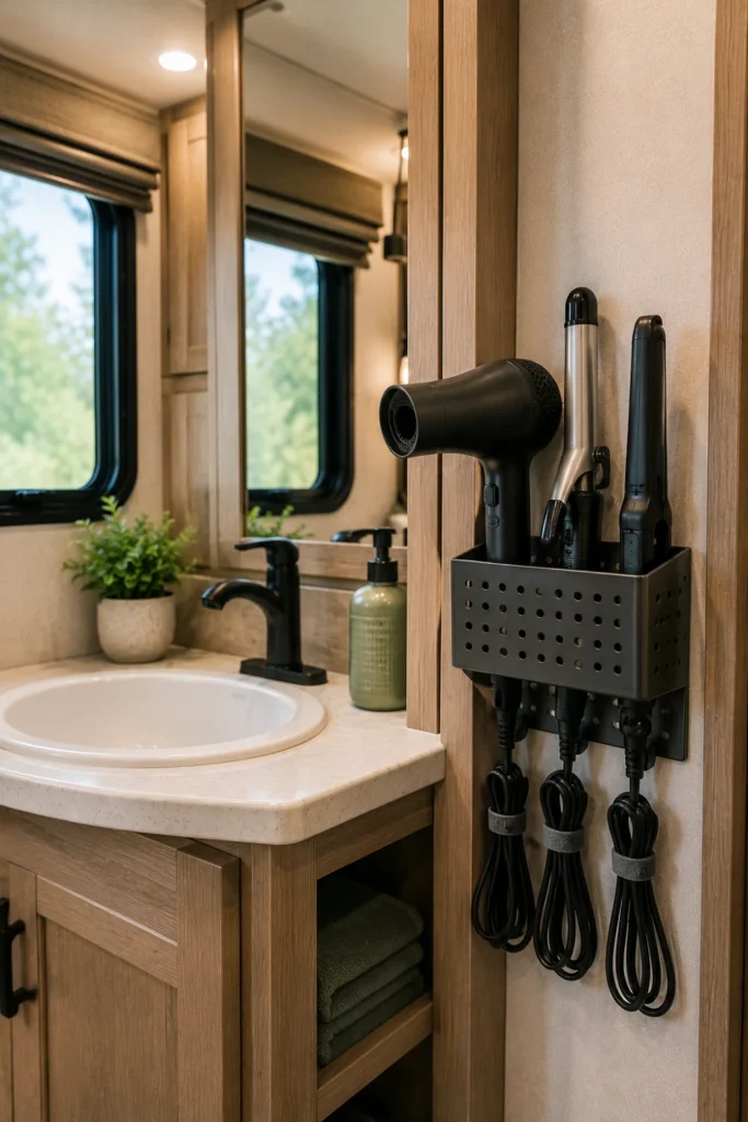Compact RV bathroom with hair dryer and styling tools stored in a dedicated holder