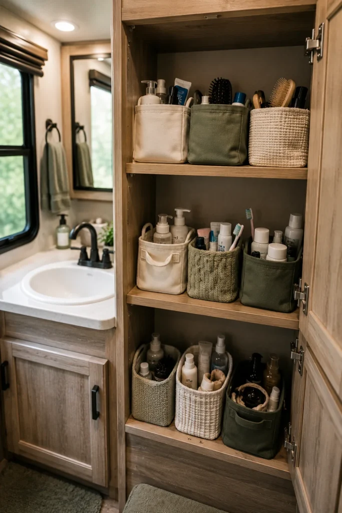 RV bathroom cabinet with separate personal toiletry containers for each family member