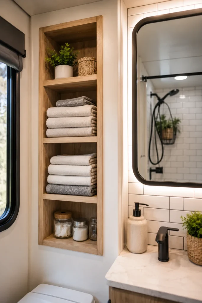Built-in recessed wall shelving in a small camper bathroom holding folded towels.