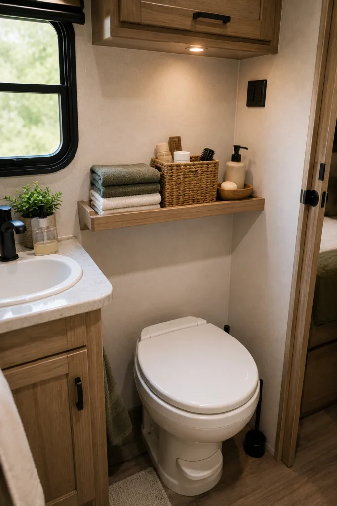 Narrow storage shelf above an RV toilet holding towels, soap, and bathroom essentials
