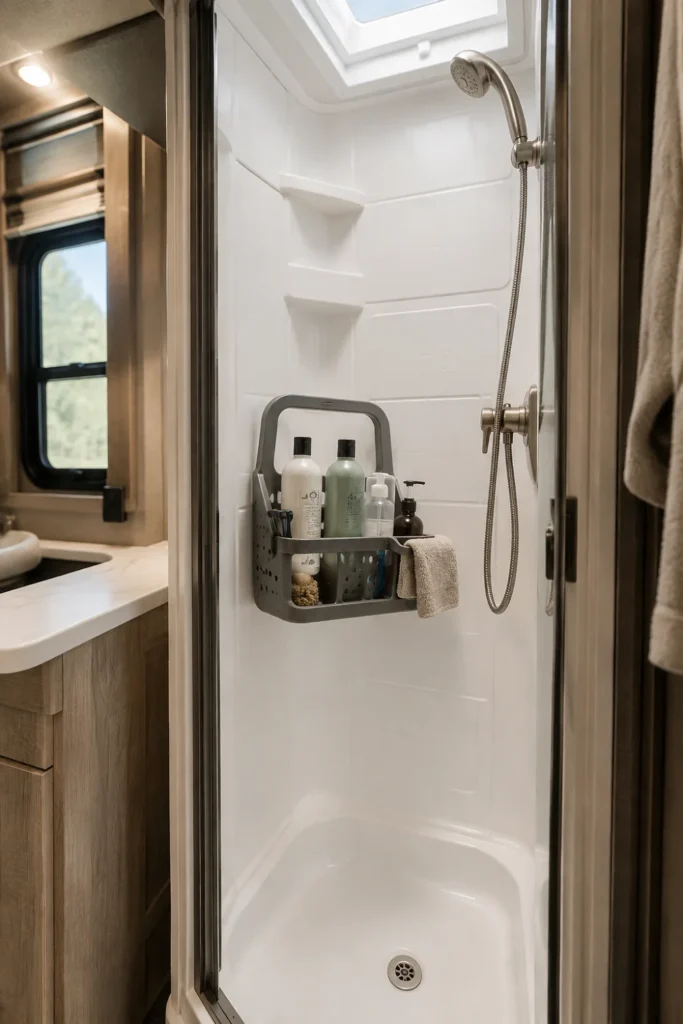 Compact RV shower with a handled caddy organizing shampoo, soap, and everyday toiletries