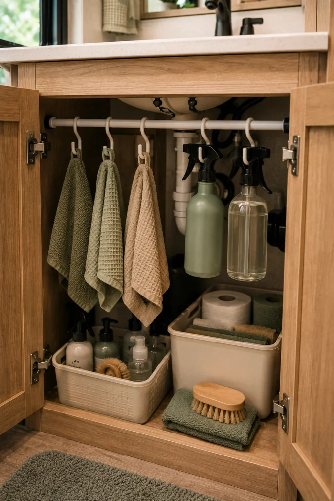 Small RV bathroom cabinet using a tension rod to hang lightweight cleaning supplies