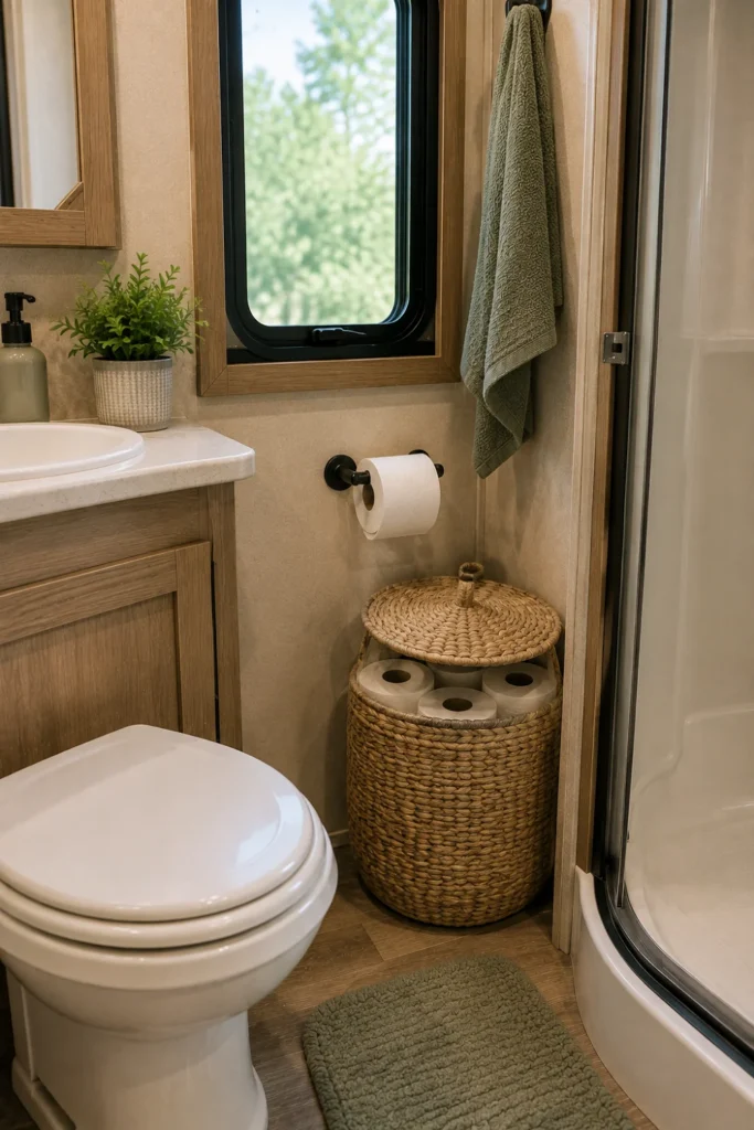 Covered basket storing extra toilet paper in an organized RV bathroom