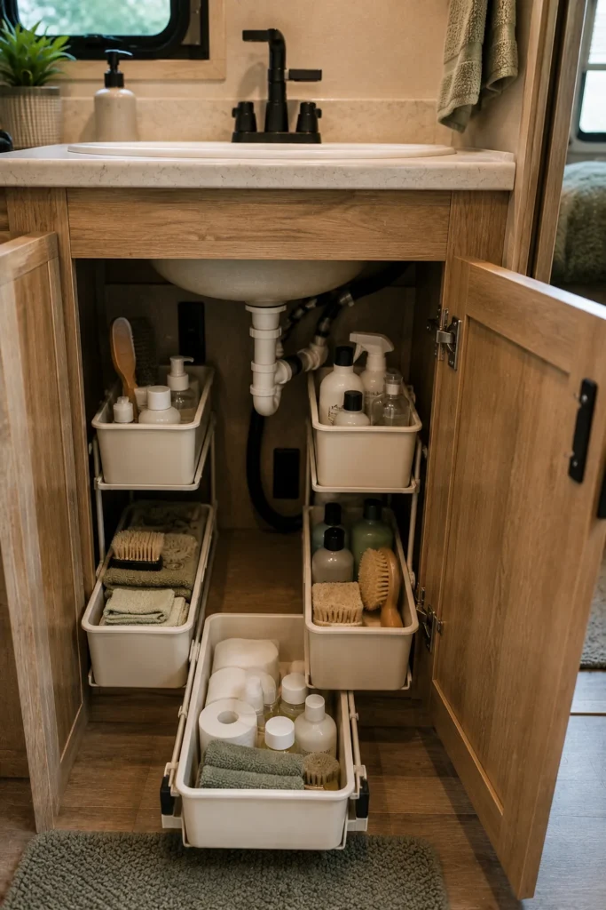 RV bathroom under-sink cabinet organized with stackable pull-out storage bins