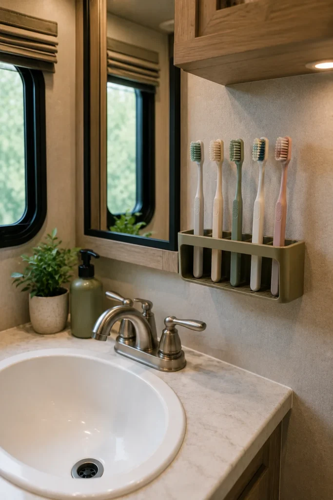 Wall-mounted toothbrush holder freeing counter space in a compact RV bathroom
