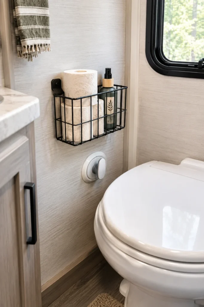 Wire basket caddy mounted in an RV bathroom holding spare toilet paper rolls and toiletries.