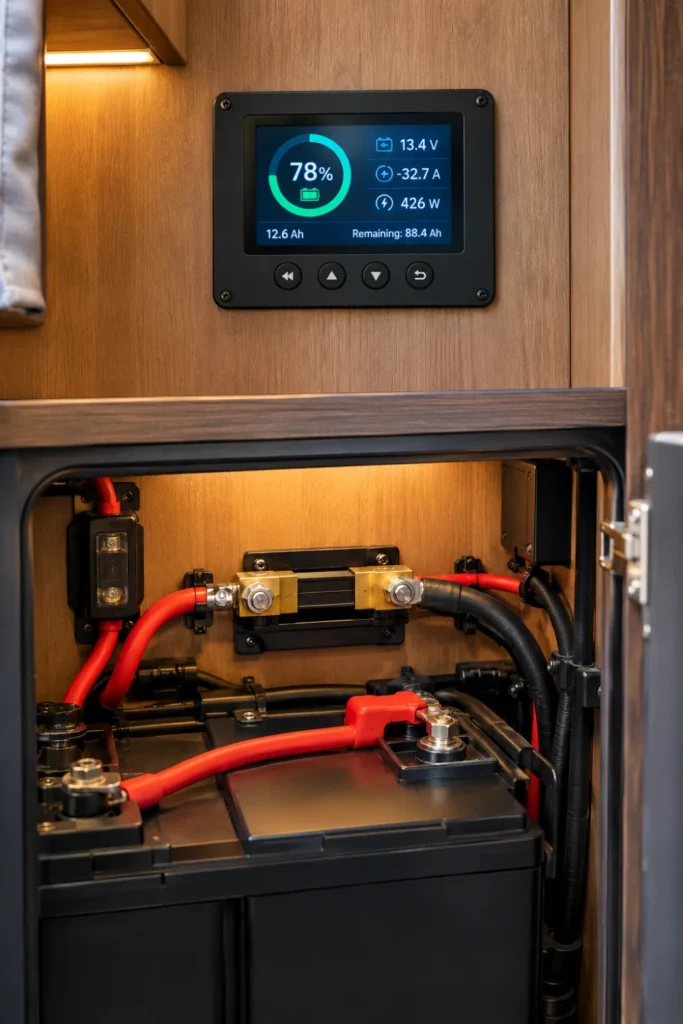 Dedicated RV battery monitor display installed next to a lithium battery bank and shunt.
