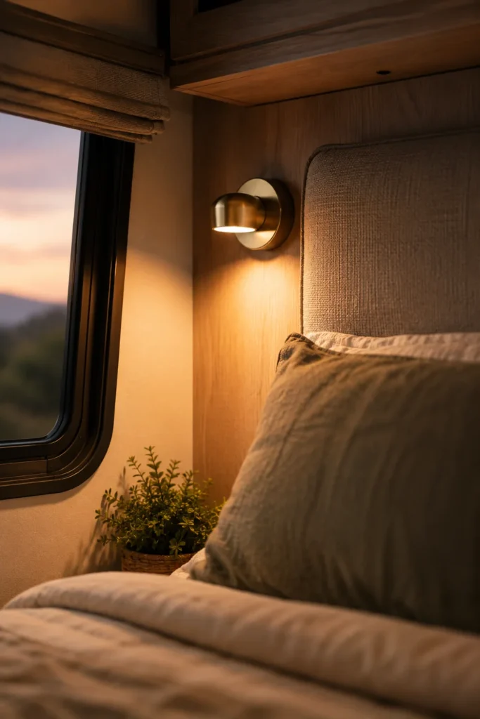 Battery powered brass puck sconce glowing softly on an RV bedroom wall.