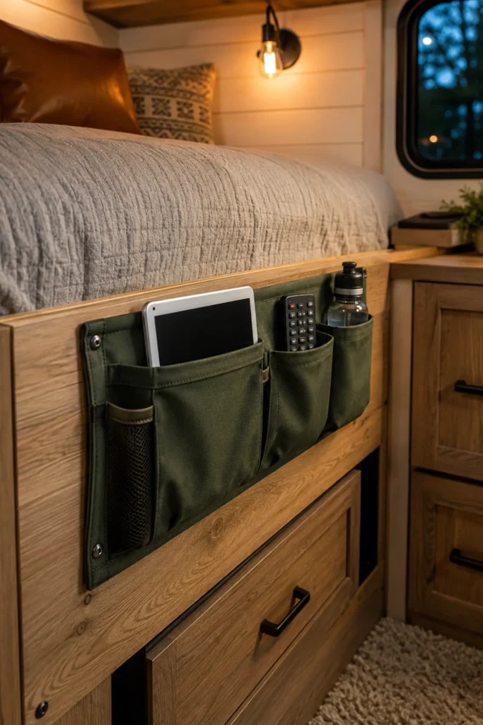 Sturdy canvas pocket organizer screwed to the wooden bed frame inside an RV.